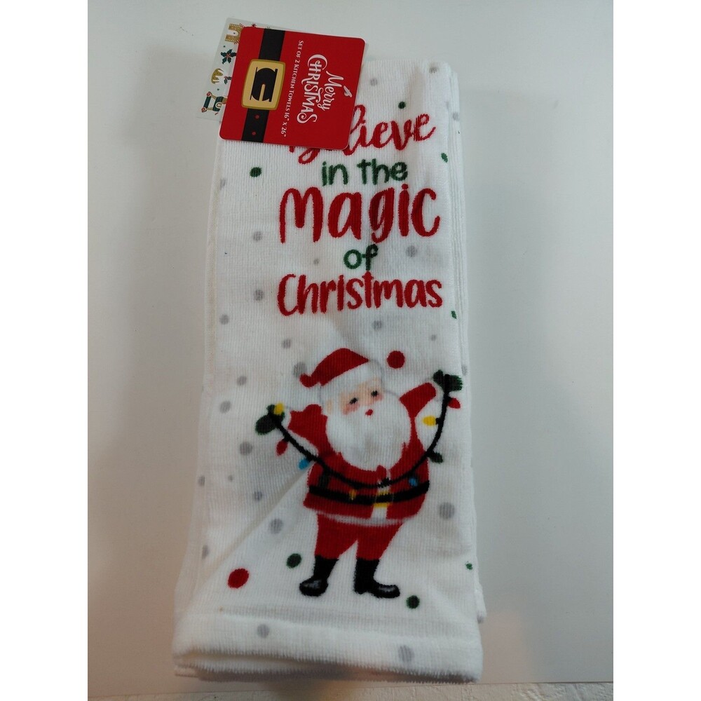 Merry Christmas Kitchen Towel Set 2-Pack Santa Lights "Magic of Christmas" 16x26